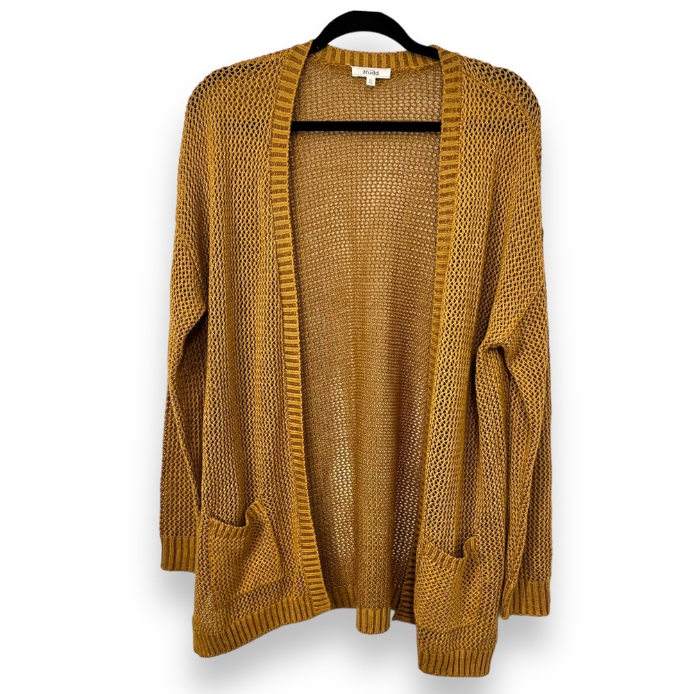 Mudd Crochet Knit Cardigan Sweater Mustard Yellow Open Knit Women’s Size XL